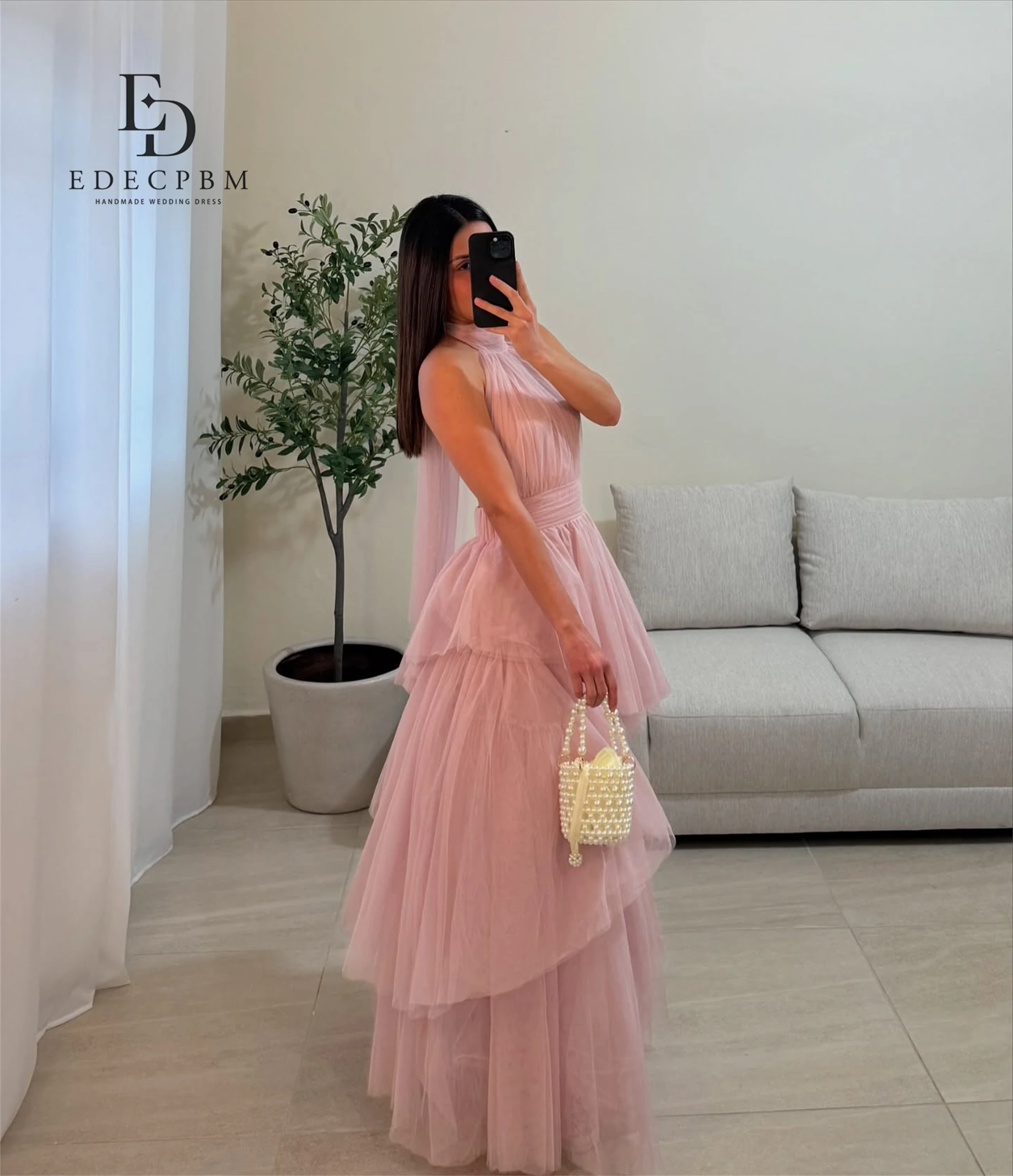 EDECPBM Neck Halter Dresses Gala Elegant Party Dresses 2025 Pink Customized Multi-layer Women Evening Dress Woman Prom Wedding image 3