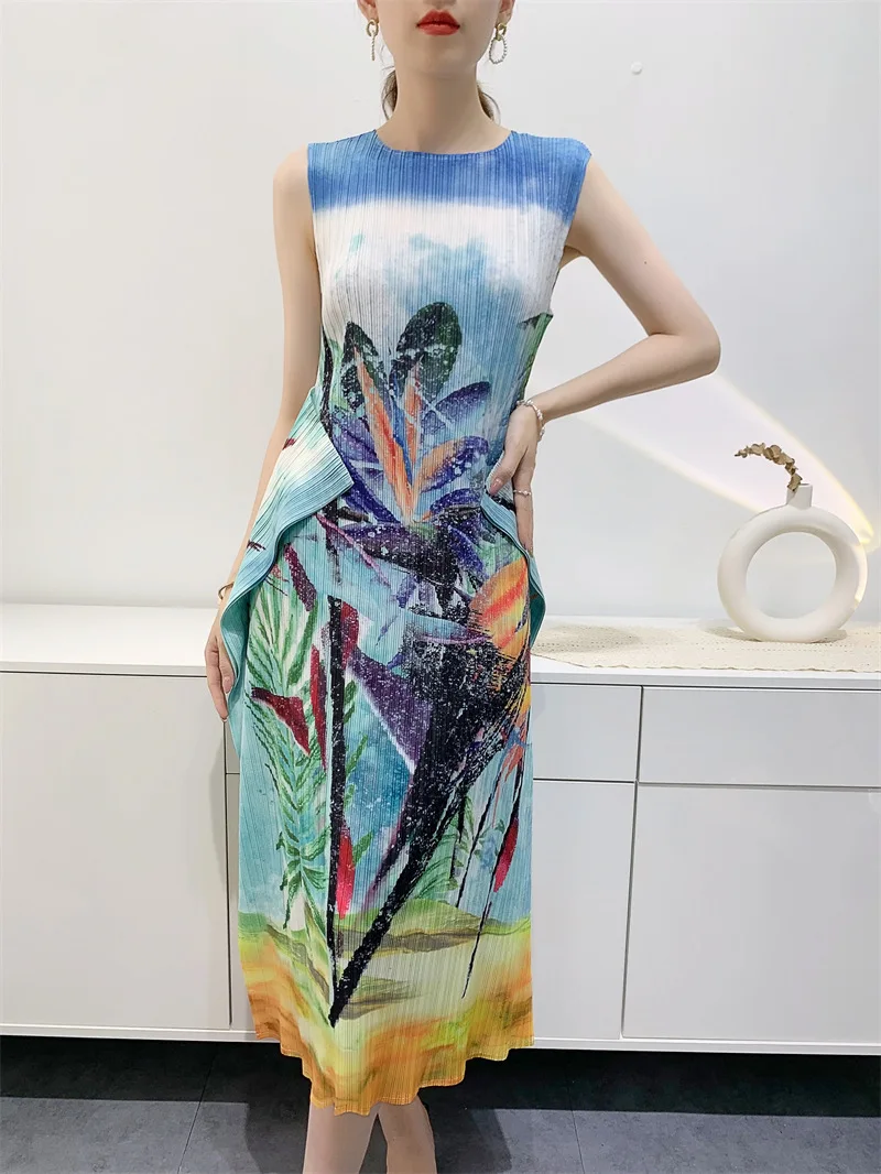 

Miyake Digital Printing 2023 Summer Pleated Dress Temperament Ageing Loose Medium Length