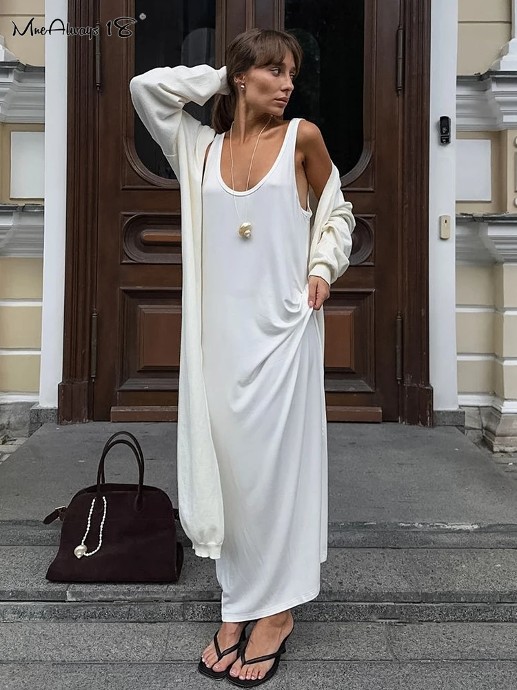 Mnealways18 White Knitwear Loose Tank Dresses Inner Sleeveless Ankle-Length Dress Women Casual Soft U-Neck Loose Midi Dress 2024