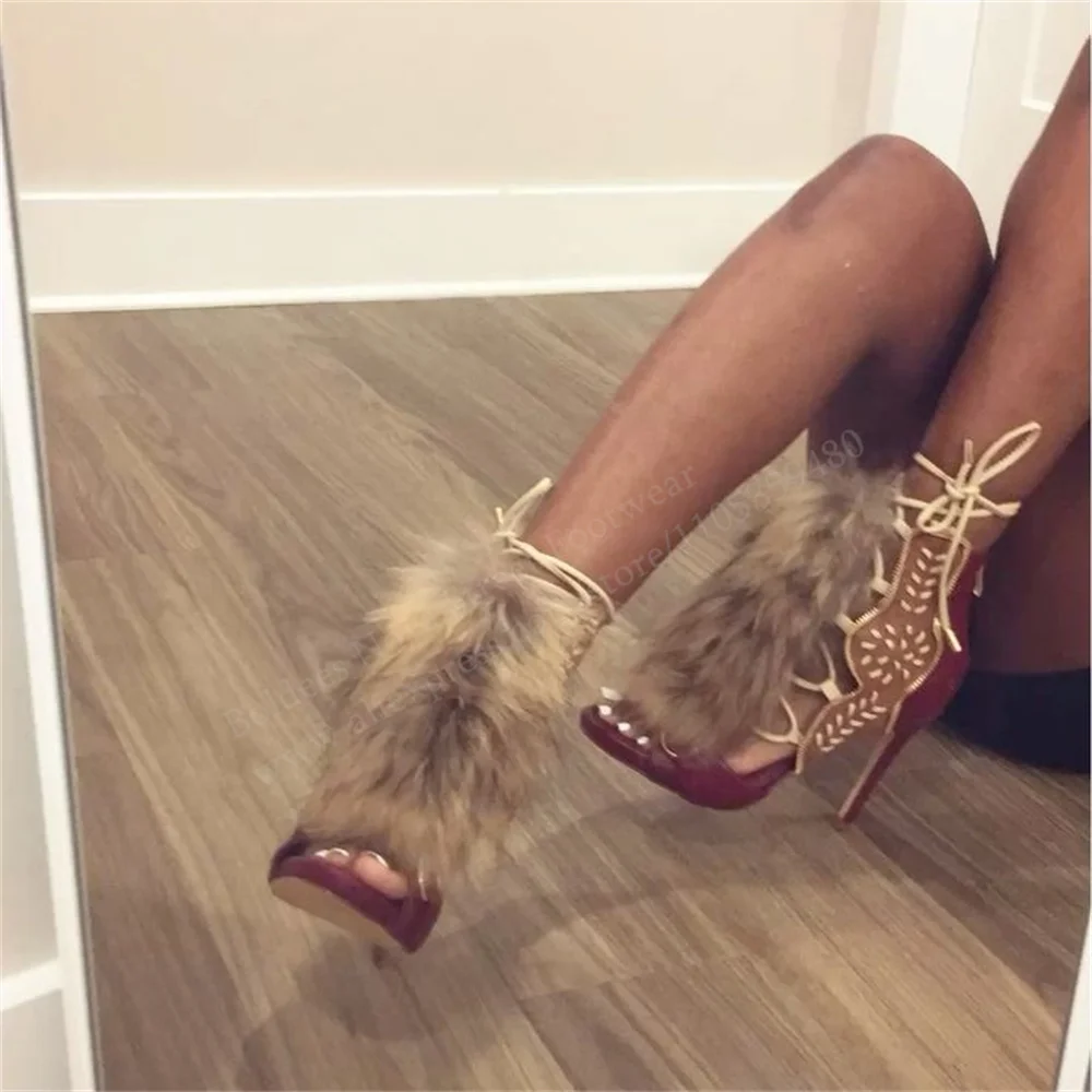 

Brown Faux Fur Stripe Decor High Heel Sandals Women Sexy Open Toe Stiletto Heel Vintage Furry Lace Up Party Dress Shoes