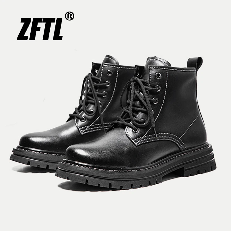 ZFTL Men\'s Chelsea Boots Man Casual Lace up Ankle Boots Male Cowhide Biker Leather Boots Workwear boots 2023 British Style Black