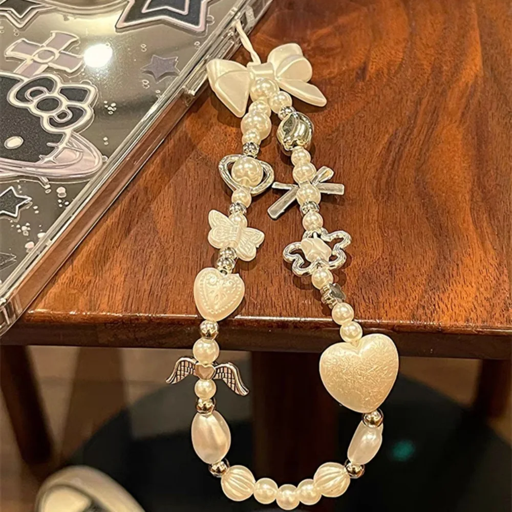 Korean Cute Baroque White Bow Flower Beaded Phone Chain Charm Lanyard For iPhone Samsung Universal Accessories Jewelry Pendant