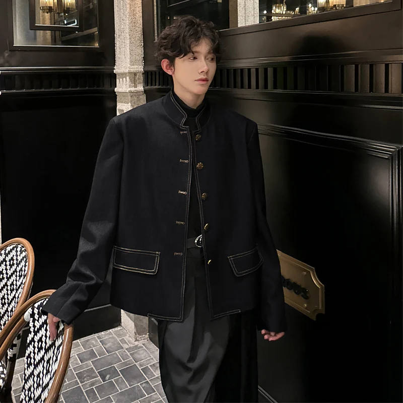 

Autumn Winter Men's Denim Jaet oulder Pads Stand Collar Chinese Sle Trendy Outerwear Not Deformable Stand Fit Long S...