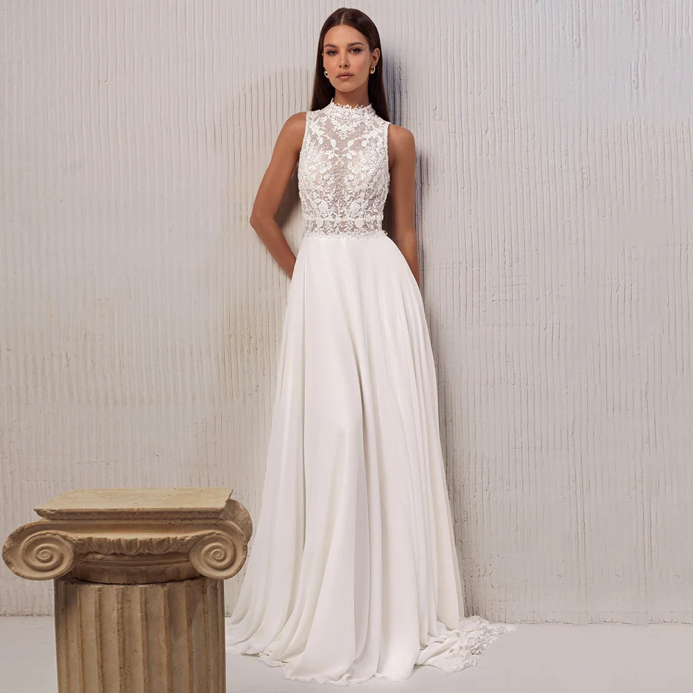 Robe De mariée personnalisée, col haut, sans manches, avec des appliques De perles, avec traîne De balayage, Robe De plage, 2026