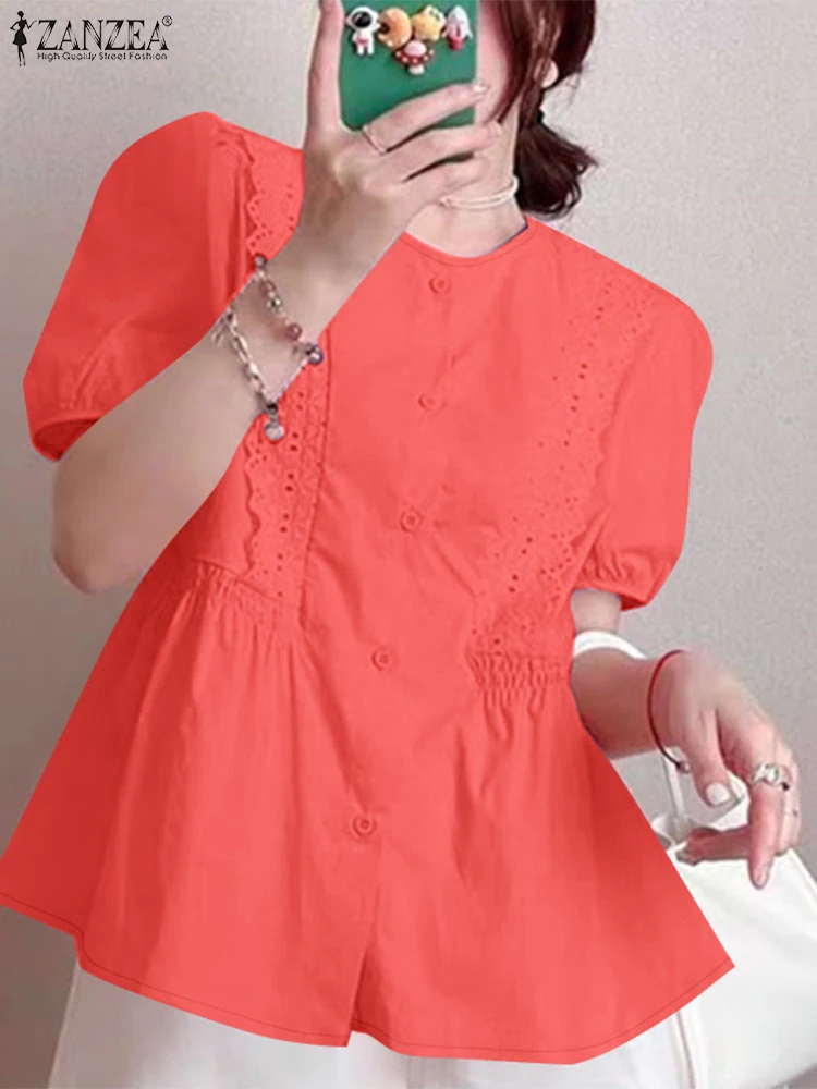 ZANZEA Manica corta a sbuffo Camicette abbottonate Elegante O-Collo Tinta unita Camicie casual Moda coreana Lace Trim Donna Chemise Femme