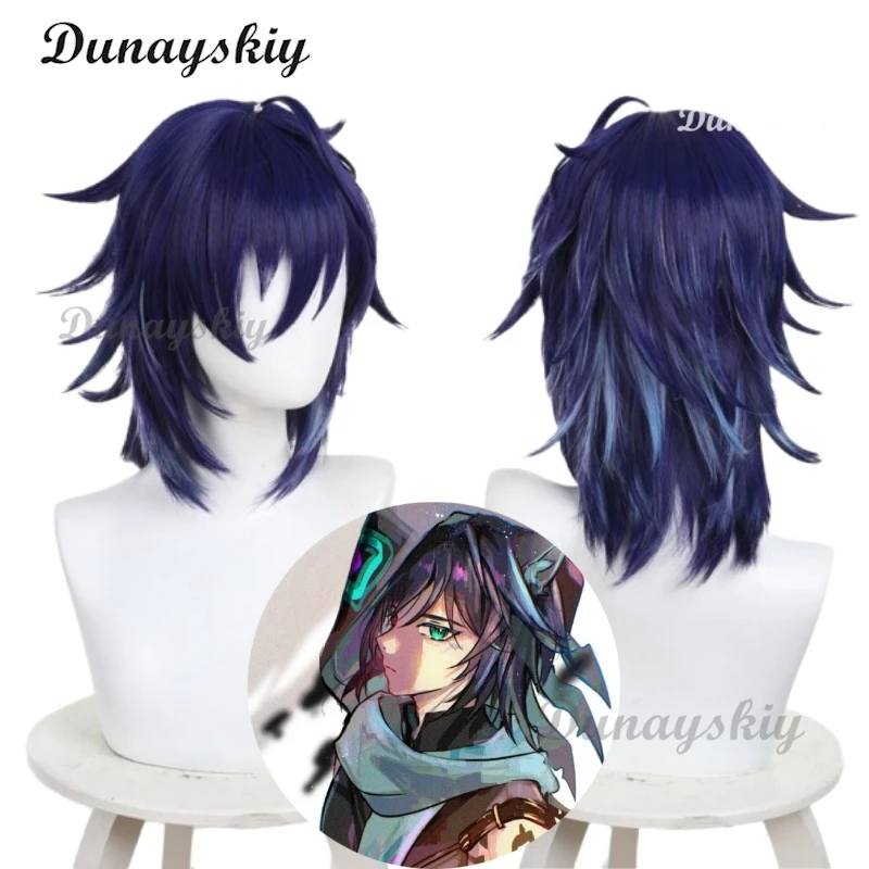 원신 임팩트 오로론 코스프레 가발 게임 다크 블루 짧은 머리 나틀란 할로윈 파티, 여성 남성 역할 놀이 소품 액세서리
