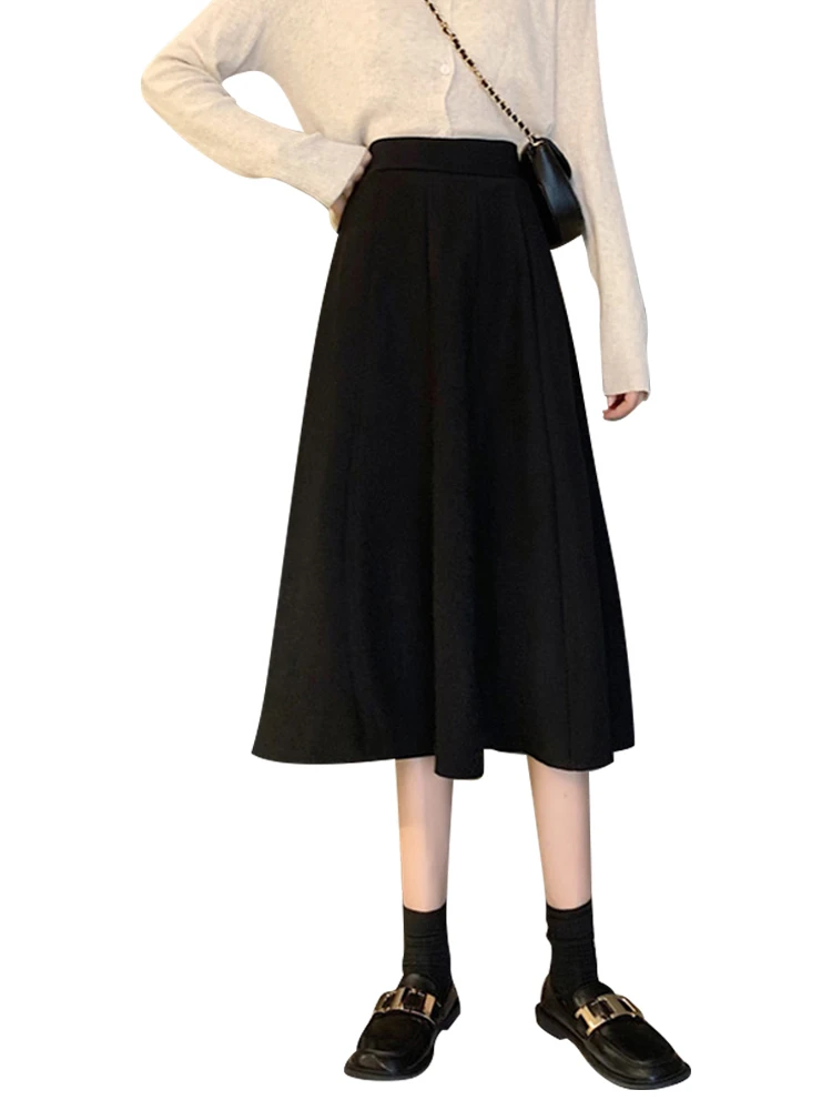 High Waist Bla A-Line  Skirt Women's Korean Sle Autumn Winter New Small Size Slimming Ele Midi Umbrella Skirt