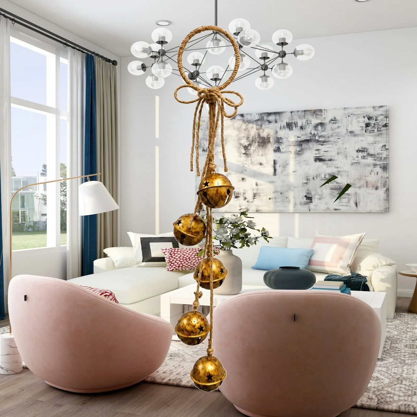 Hanging Star Bell Christmas Decoration Antique Gold Metal with Rope Loop for Door Window Mantelpiece