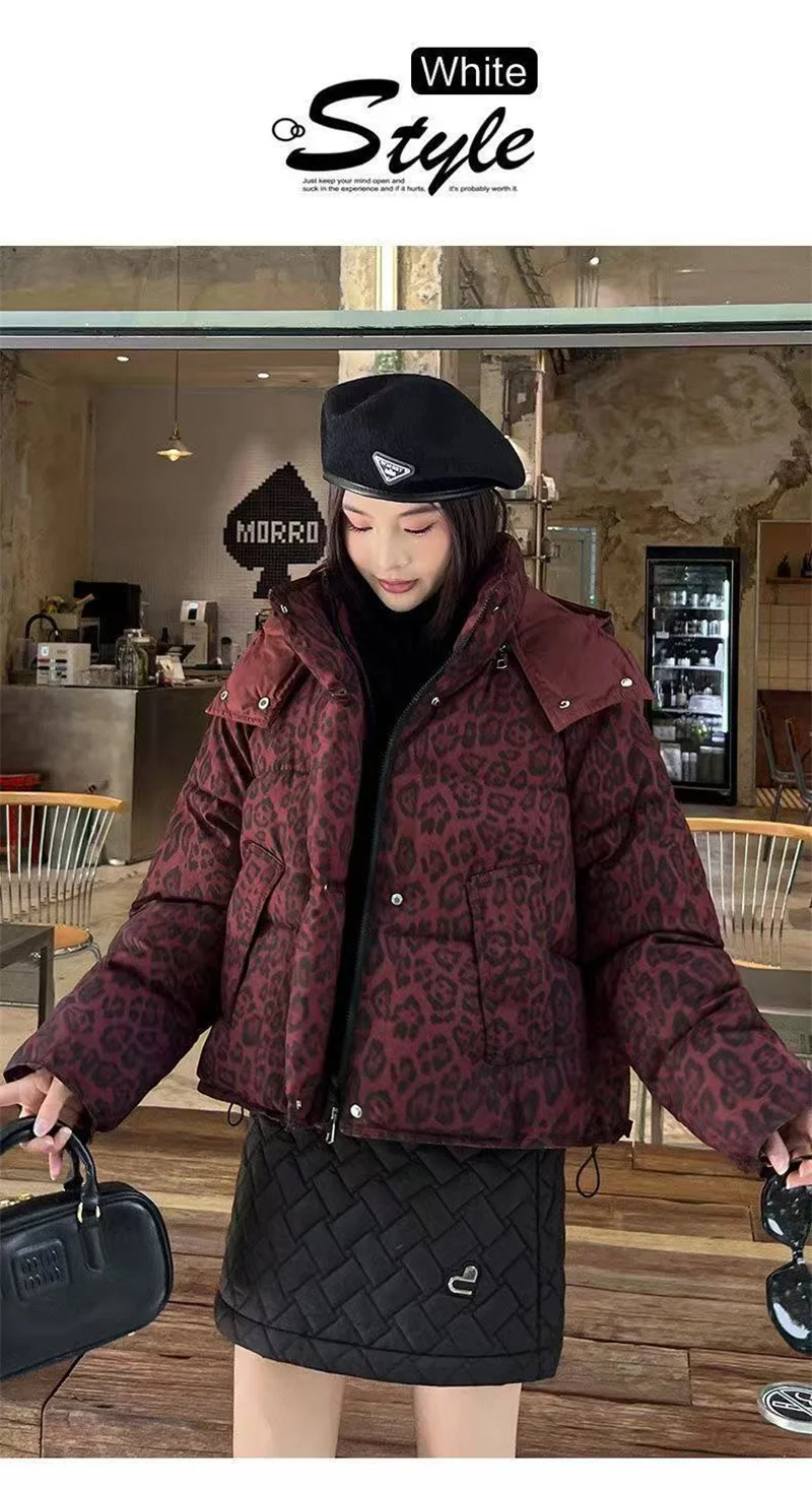 Leopard print down cotton jacket short style 2026 new winter fashion loose and thick stand up collar bread jacket