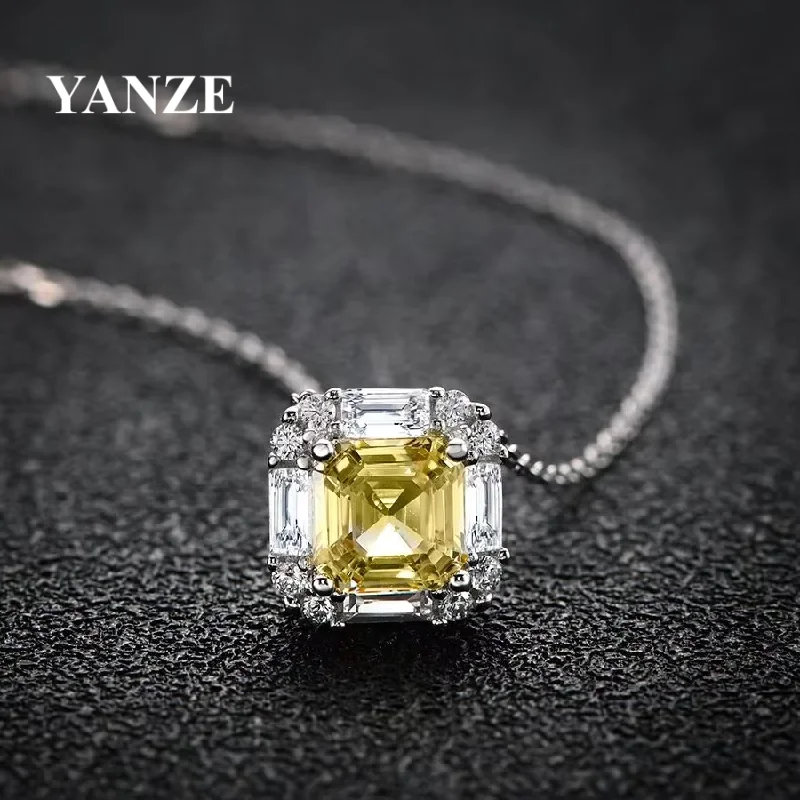 Yanze Luxury 4ct 100% 925 Real Silver Asscher Cut Lab Yellow Diamond Necklace for Women Party Wedding Jewelry Gifts