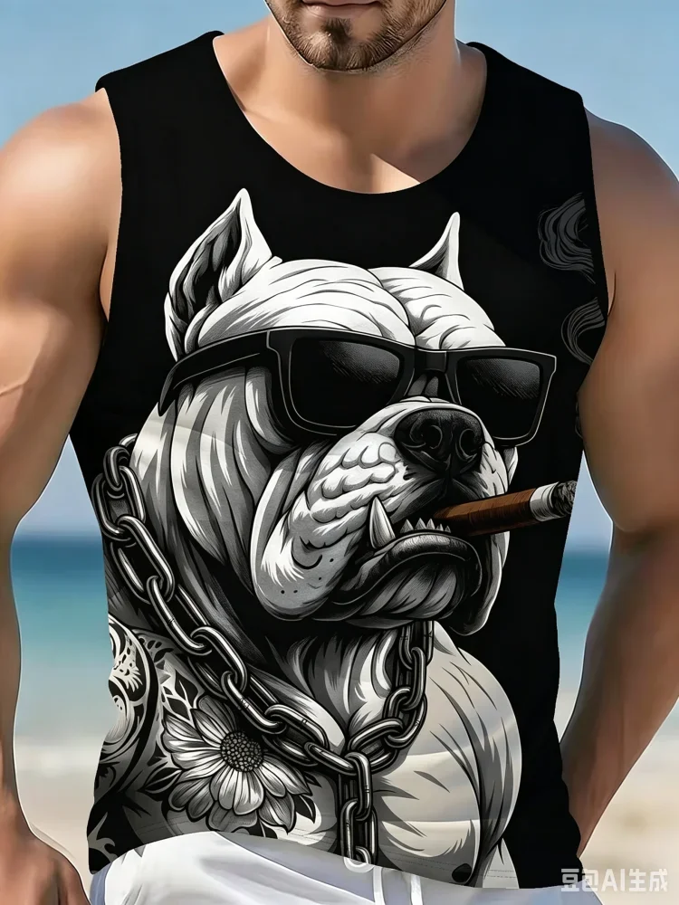 Fashion Men's 3D Bulldog Print Sleeveless Vests Hip-Hop Man Streetwear Beach Style Men Tank Top Summer Casual Vest Tops