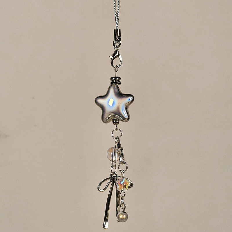 Cellphone Lanyard Keychain For Phone Y2K Style Metal Silver Star Bow Pendant Phone Charm Strap Sweet Cool Girl Pendant