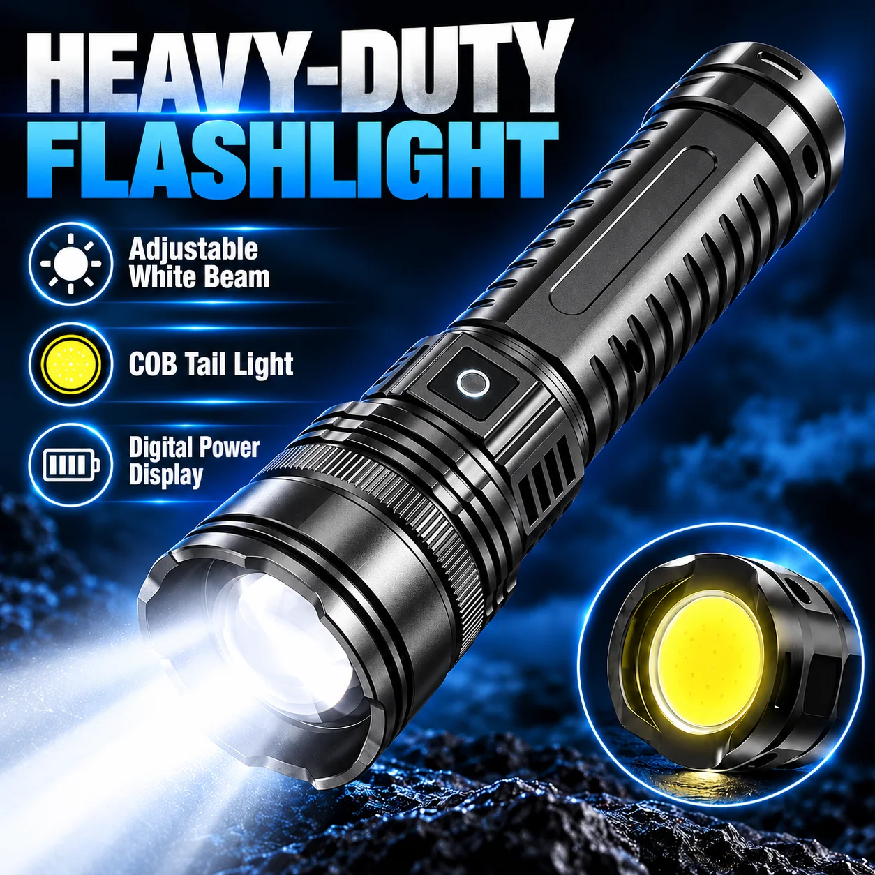 Heavy Duty Rechargeable Flashlight, Adjustable Focus LED Flashlight with Digital Power Display and White COB Tail Light, Wide Flood and Focused Spot Beam for Camping, Home, Car and Emergencies