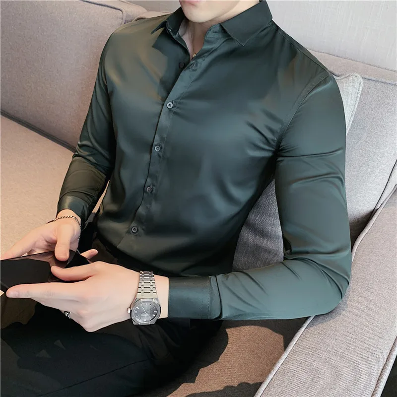 Khaki Men Shirt Luxury Quality Soft Long Sleeve Shirt Wedding Man 4XL Slim Fit Casual Blouse Male Chemise Homme Camisa 11 Colors