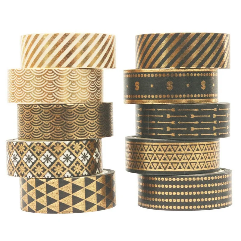 

10 Rolls Black Gold Foil Washi Tape Set Paper Scrapbooking Adhesive Masking DIY