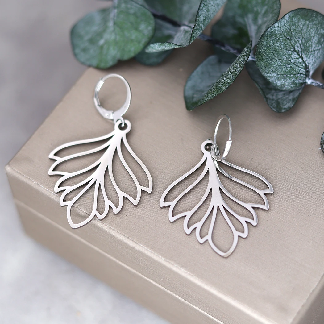 Kinitial Korean Leaf Drop Earrings For Women Stainless Steel Piercing Leaves Jewelry Girls Earring Mother Gift