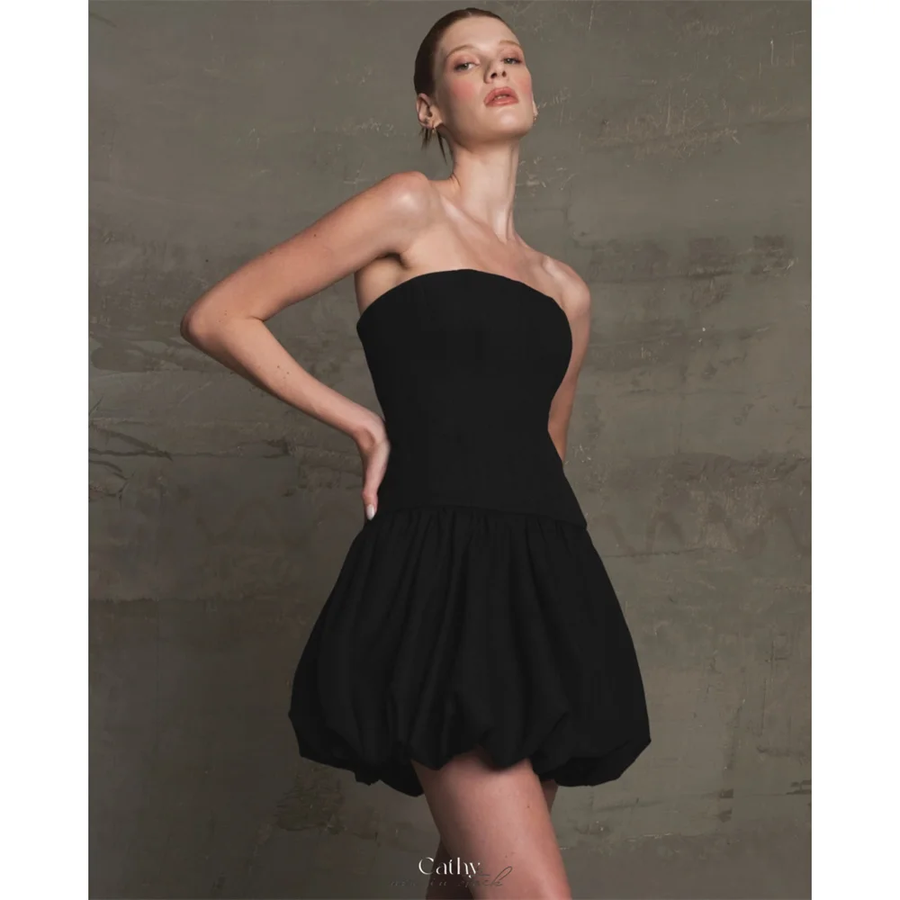 

Cathy Customized Black Strapless Ball Gown Prom Dresses Empire Waist Sleeveless Vestidos De Fiesta Sheath Mini Formal Evening