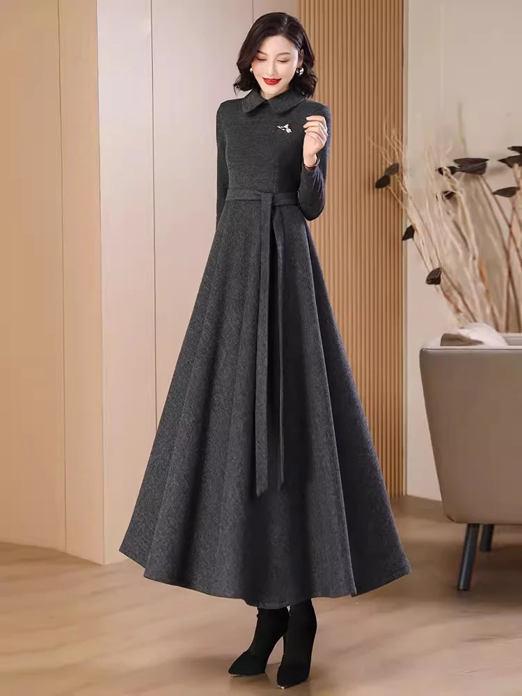 New Women Woolen Dress Autumn Winter Fashion Peter pan Collar Long Sleeve Slim Long Dress Elegant Dark Gray Wool Blends Dress