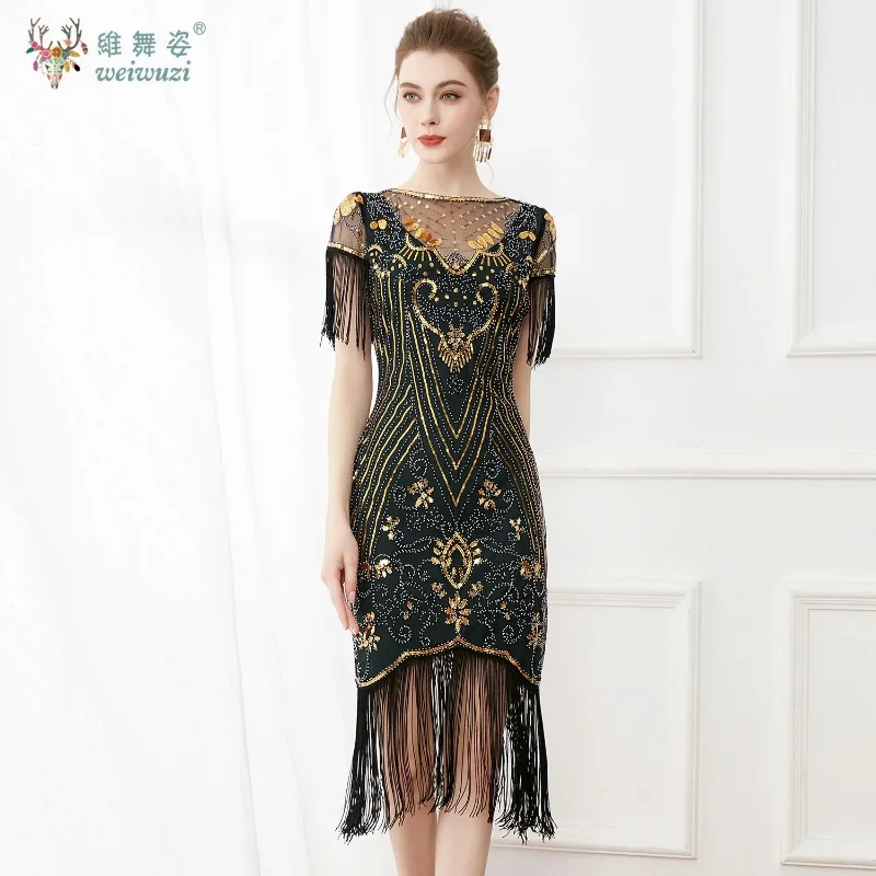 ヴィンテージボールプラスサイズスリムフィットスパンコールスタッズメッシュディープVネックドレス刺繍タッセル半袖ドレスカクテルパーティー