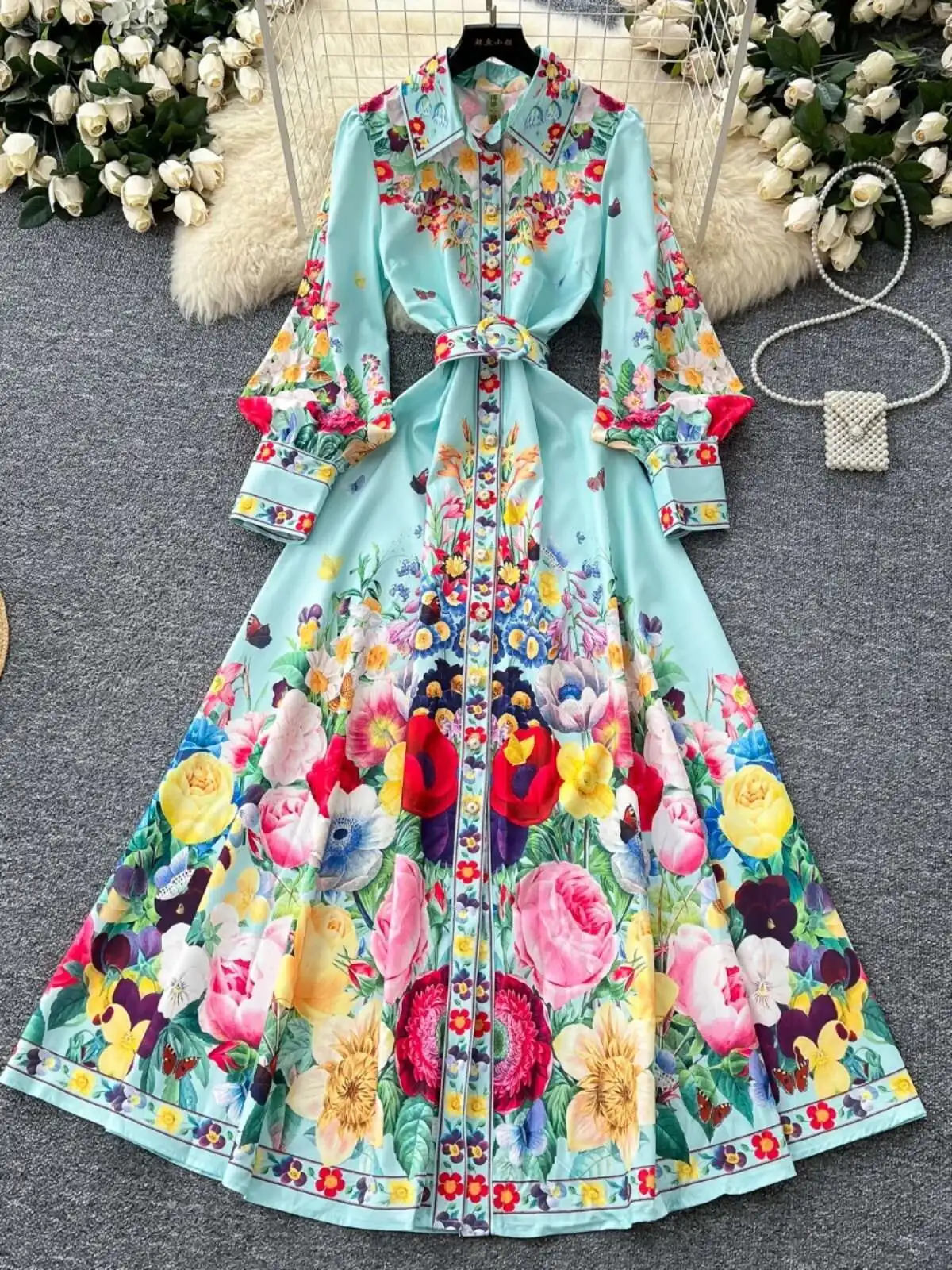 Lanterna manga longa flor maxi vestidos elegantes camisa feminina primavera verão único breasted pérola impressão floral festa vestidos cinto