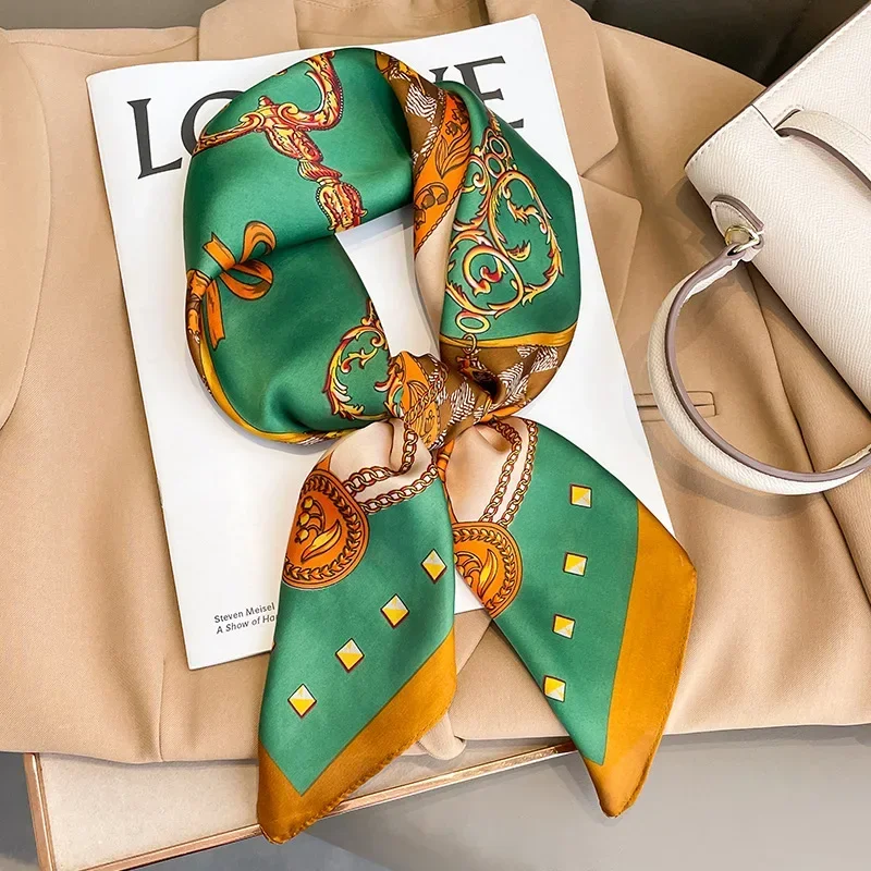 Luxury Brand Silk Square Plaid Scarf Women Satin Neck Hair Tie Band Soft Work Neckerchife 2021 NEW Hijab Head Female Foulard