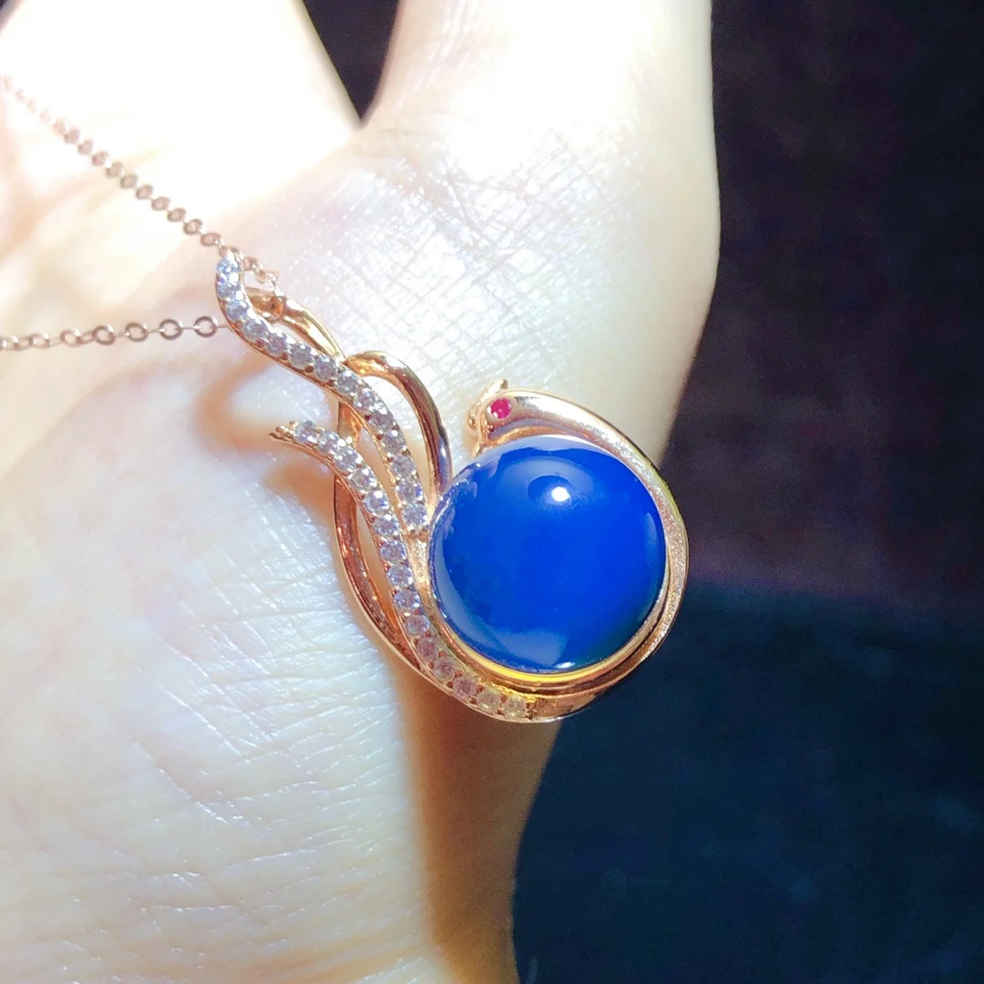 Natural Mexican Blue Amber Pendant Sterling Silver Phoenix Handmade Jewelry Gift for Women 12mm Blue Amber Bead