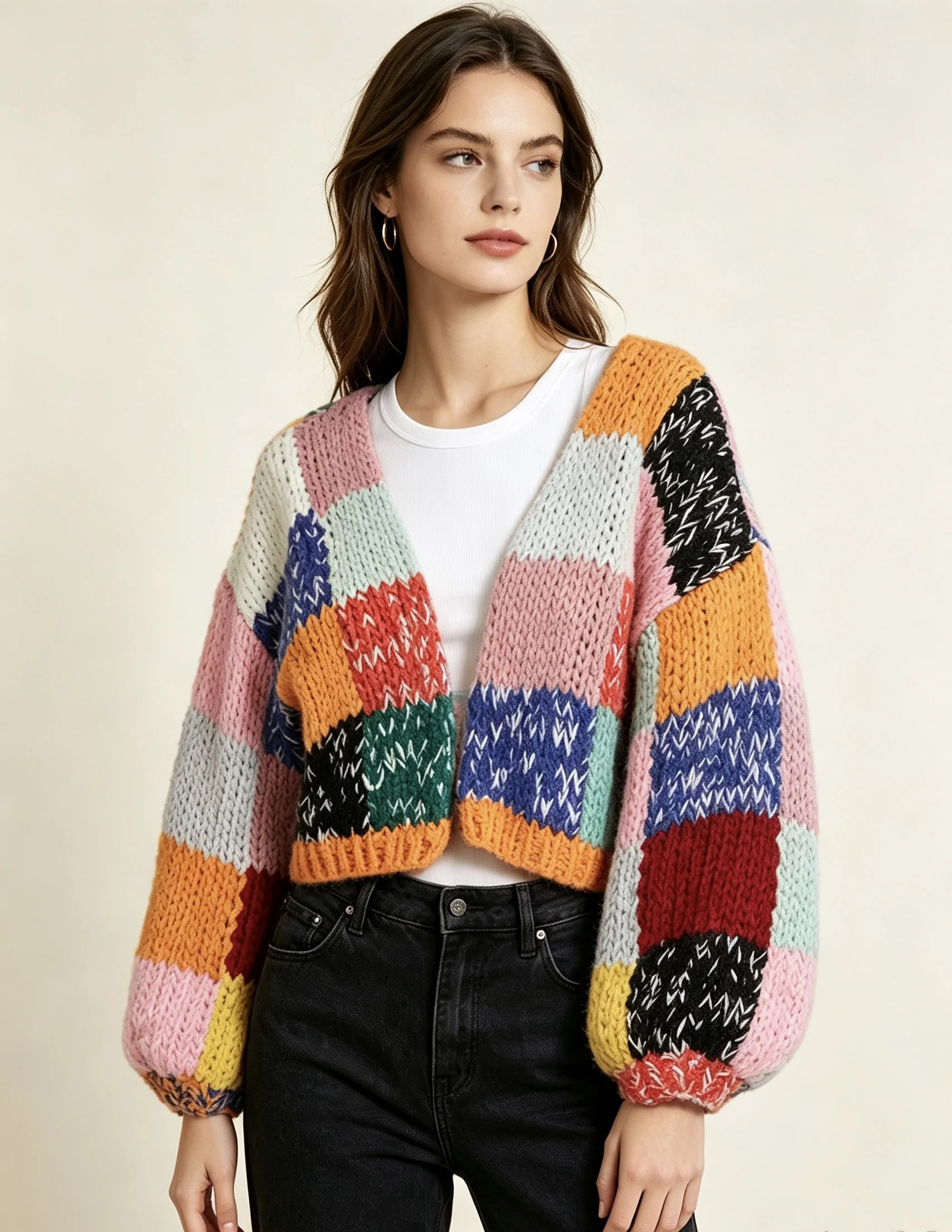 2026 Trendy Brand New Product Color Contrasting Heavy Industry Handmade Cardigan Sweater Vintage Knitted Sweater