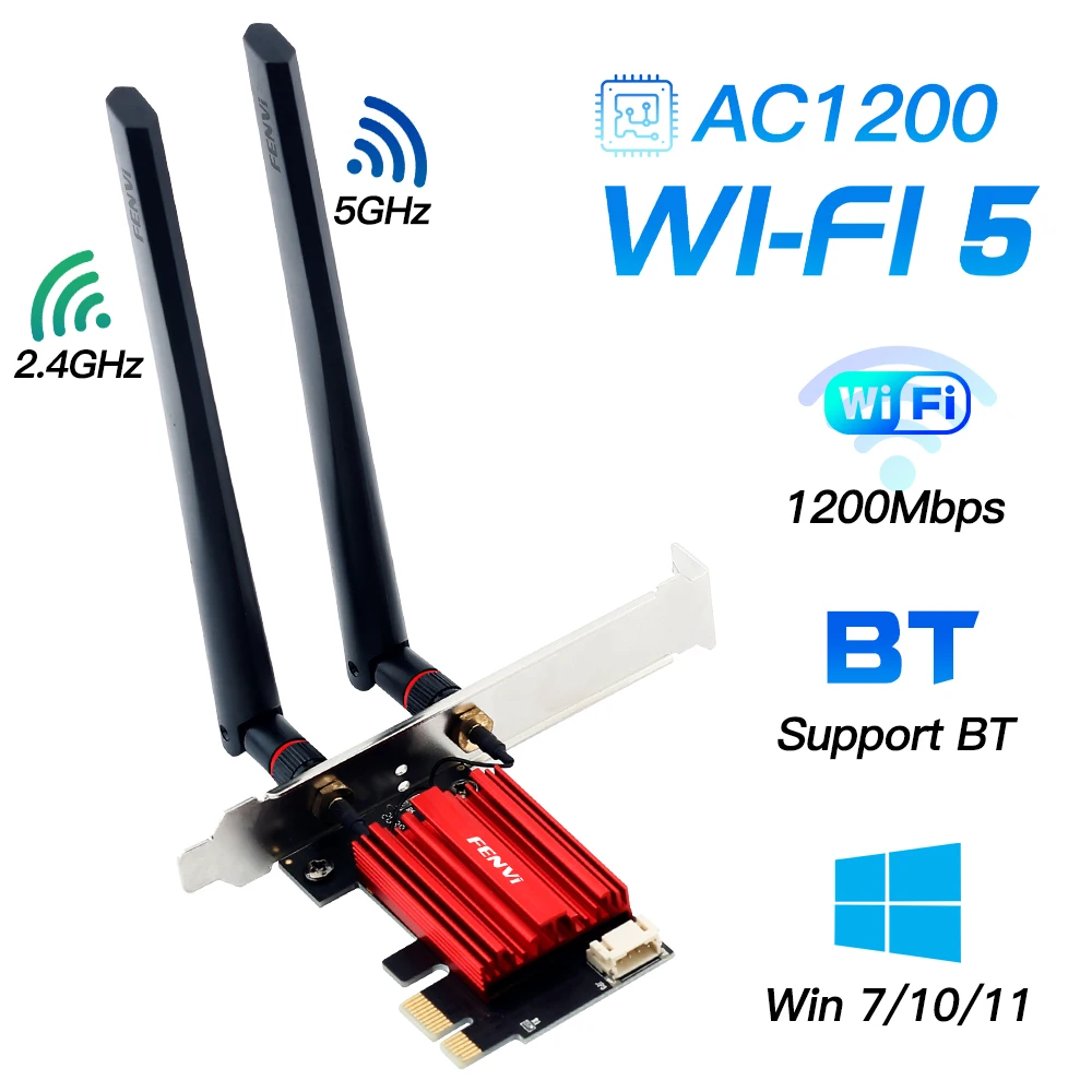 FENVI-Cartão Lan Sem Fio de Banda Dupla, Adaptador WiFi PCIE, 2.4Ghz, 5Ghz, Bluetooth, Receptor 802.11AC, Win7, 10, 11, AC1200