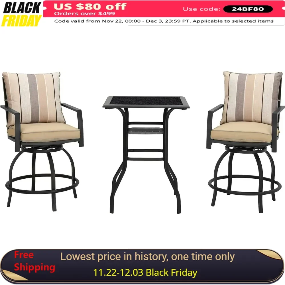 Patio Bar Height 2 Outdoor Swivel Chairs and 1 High Glass Top Table, 3 Piece Bistro Set, Beige