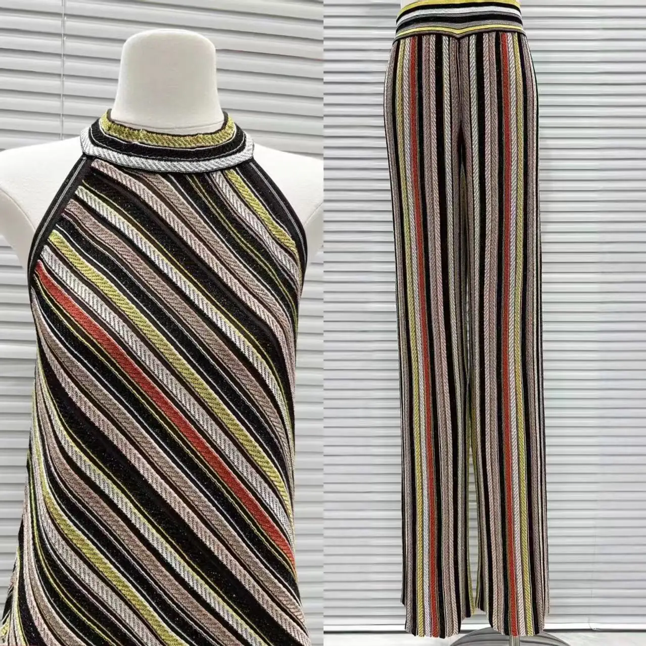 

【Gift Free】2025 Early Autumn New Fashion Elegant Halter Vest & Straight-Leg Color-Striped Casual Pants Slim Fit Set for Women