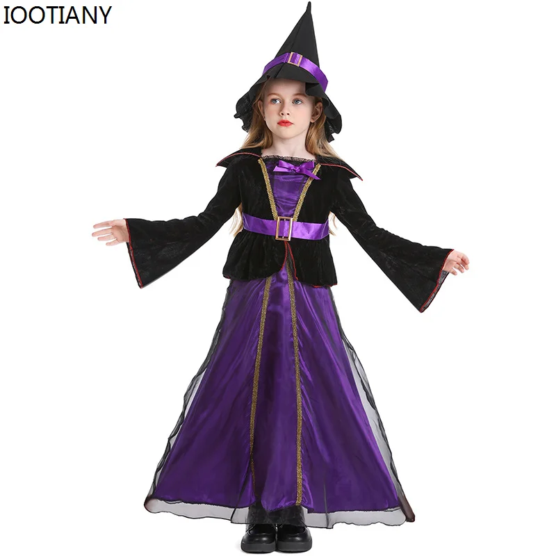 

Children Witch Cosplay Long Dress With Cloak Hat Halloween Witch Stage Showing Festival Set Carnival Party Girls Purple Dress Up