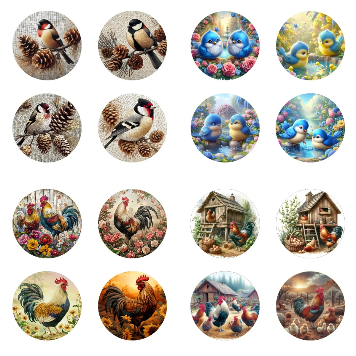 Colorful Bird and Rooster Art Coasters - 4-piece set, anti-slip wooden coasters, suitable for kitchen, office and party decorati