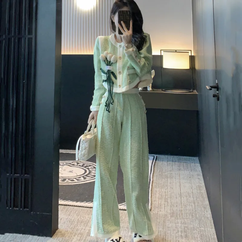 Autumn and winter new fashionable small fragrance style set casual top+temperament high-end wide leg pants two-piece set