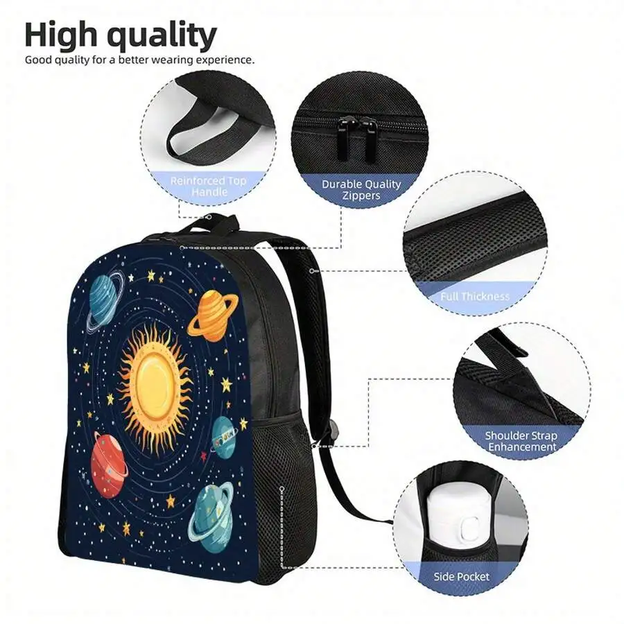 

Space Themed Backpack With Solar System Design Lightweight Travel Bag Adjustable Straps Zipper Closure Polyester