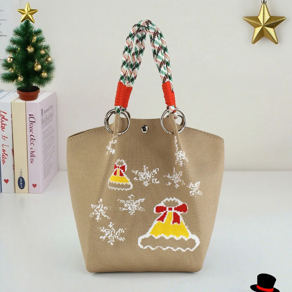 Woven Shoulder Bag Medium Soft Women Shoulder Bag Christmas Theme Handbag Jacquard Christmas Knitted Bag For Holiday Gathering