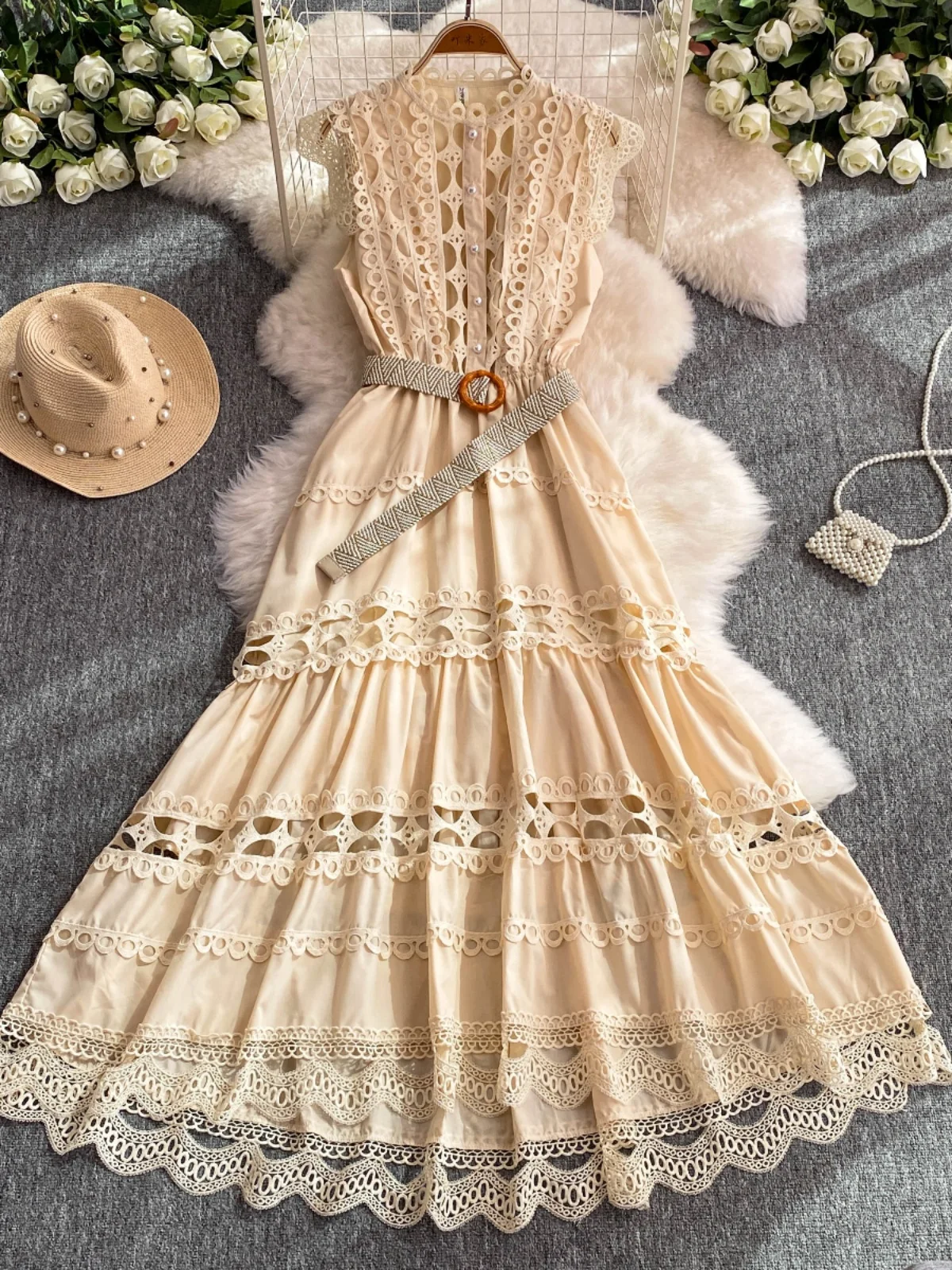 Ele Embroidered Hollow out Lace Trim Splice Svel Slimming Waist High Collar Midi Dr Korean Sle Commute Dr