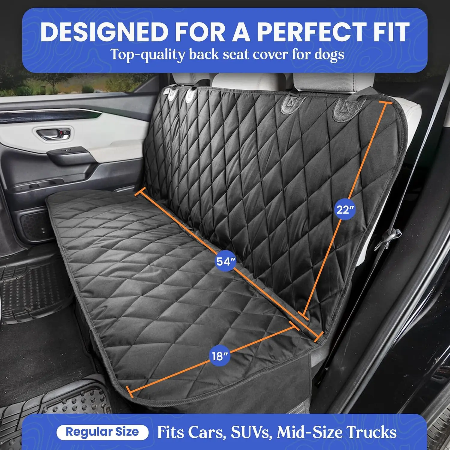 Heavy-Duty Rear Seat Cover for Dogs - Fitted, Tan Reg | K9-Shield waterproof layer, non-slip backing, quick-release clips for ea