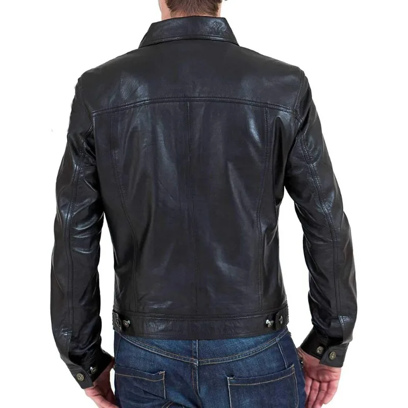 Men's Lambskin 100% Leather Jacket Biker Soft Black Button Designer Shirt