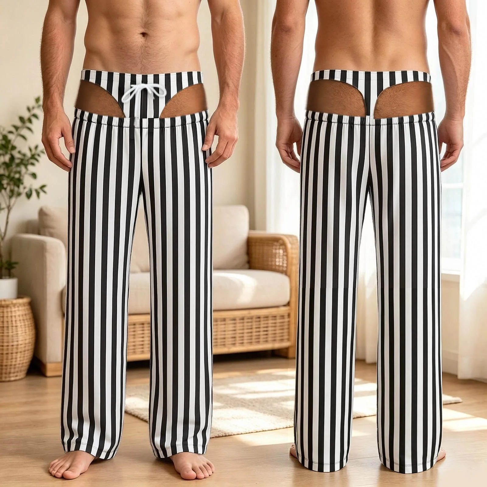 Men's Hollow Out Fun Sleeping Pants with Black and White Stripes Polka Dot Drawstring Loose and Trendy Quick Drying Pants