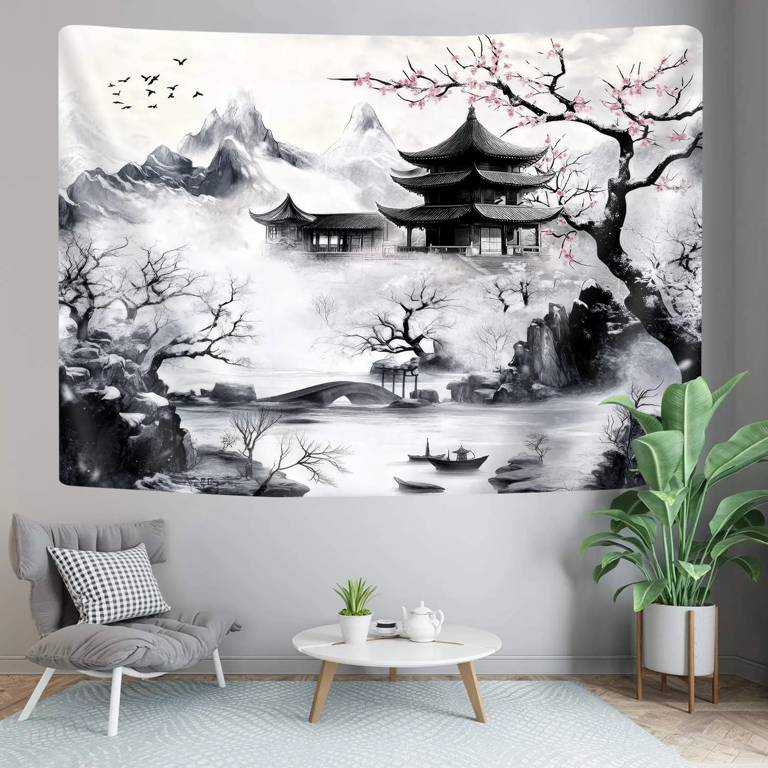 Japanese Tapastry, Black and White Cherry Blossom Anime Wall Tapestry for Men, Asia Landscape Abstract Ink Painting Tapestries