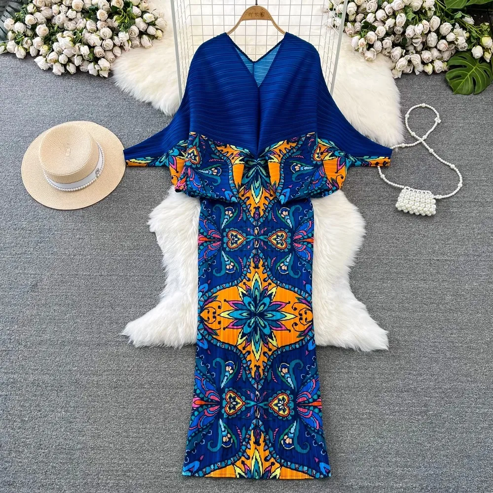 2023 New Miyake Pleated Spring Summer Women V Neck Batwing Sleeve Printed High Elastic Casual Loose Holiday Dresses