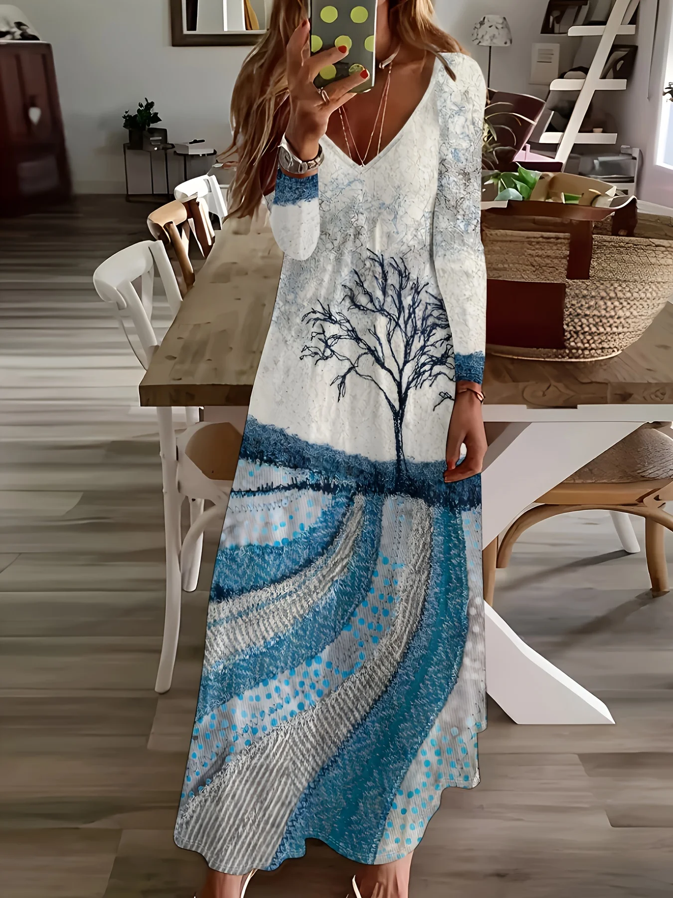 Printed Design Vintage Art Tree Nature Landscape Pattern V Neck Long Sleeve A-Line Vacation Casual Long Dress