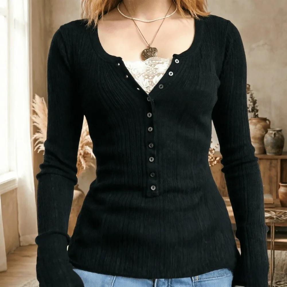 For Y2K Styled Long Sleeve For Henley Top Featuring for V Neck and Ribbed Knit Texture Designed for Women's Autumn Casual Wear