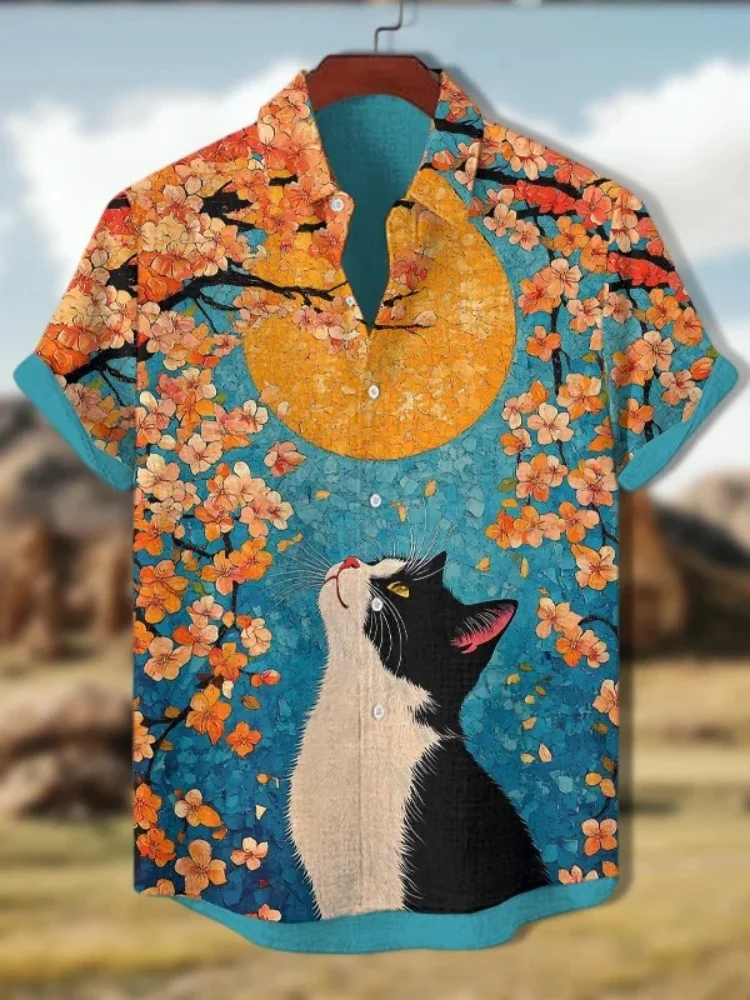 

Мужские повседневные блузки в стиле ретро в стиле Харадзюку с котом под цветком и луной, японская рубашка с принтом, топы большого размера, одежда