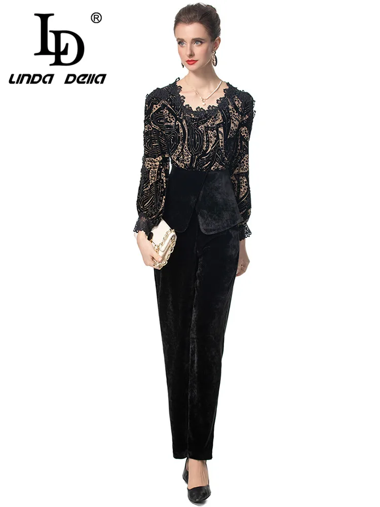 LD LINDA DELLA Autumn and Winter Women\'s Suit Lace Splicing Lantern Sleeved Top+Wide leg pants Black/Red High Street 2 piece set