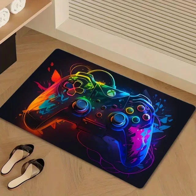 Vibrant Neon Game Handle Printed Door Mat Anti Slip and Suitable for Bedroom Living Room Entrance Game Room Decorations Mats