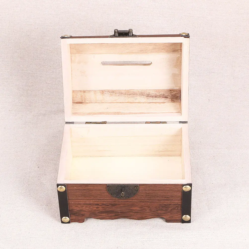 

2Pcs Solid Wood Treasure Chest Vintage Piggy Bank Money Storage Box Retro Jewelry Case for Home Decor and Saving Coins