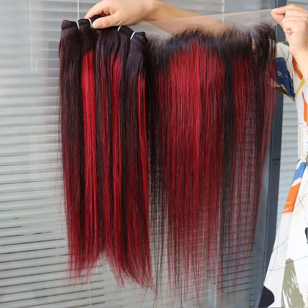 الجملة عذراء الشعر البشري النسيج حزم مع الدانتيل الشفاف إغلاق أمامي أومبير البيانو اللون تسليط الضوء على 1B بورغ لحمة حمراء