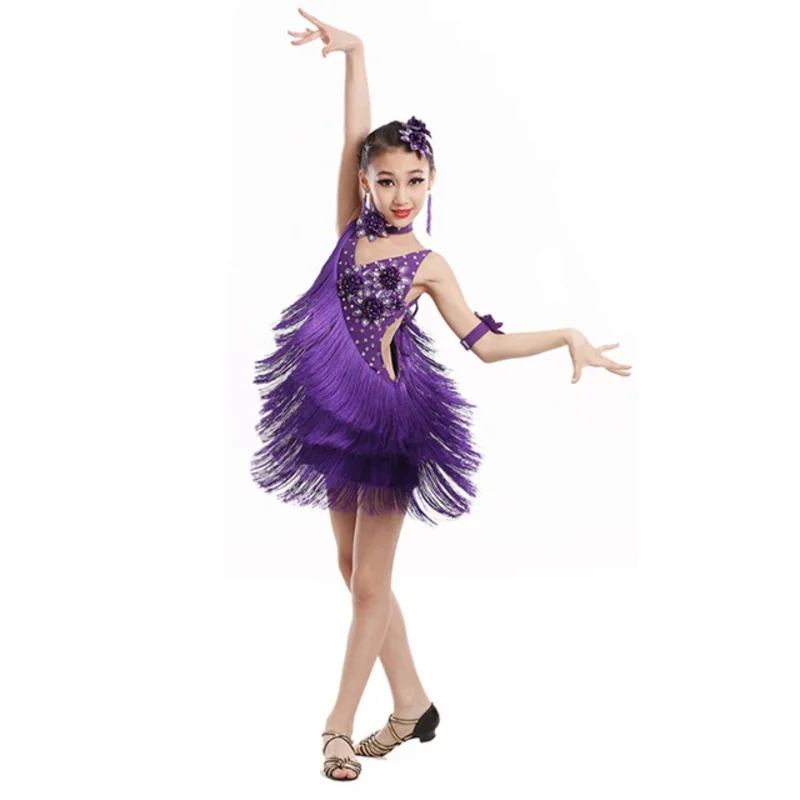 child kid children professional latin dance dress for girls ballroom dancing dresses for kids red sequin fringe salsa tassel