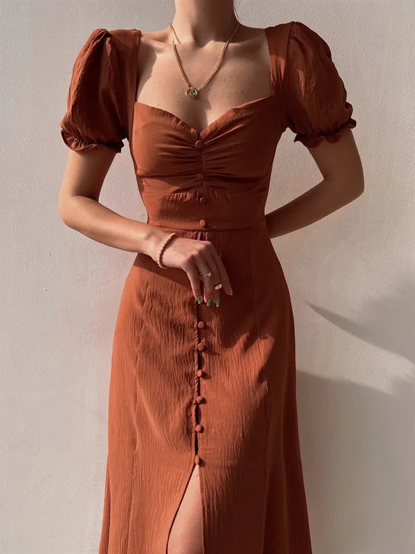 

Elegant Dress for Women Streetwear 2024 Spring/Summer New V-neck Single Breasted Medium Length Dresses with Temperament Skirt